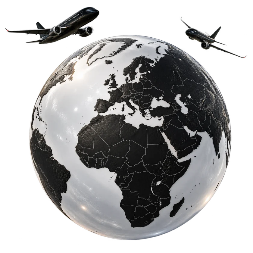 Globus mit hervorgehobenen Kontinenten und zwei Flugzeugsymbolen