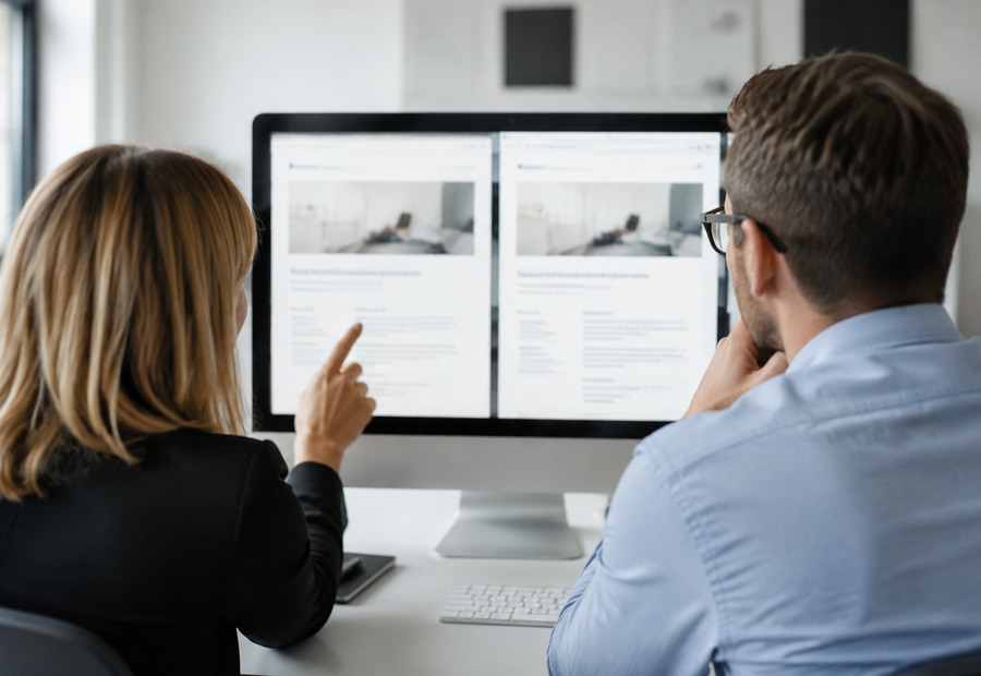 Zwei Personen vergleichen eine Website in zwei Sprachfassungen
